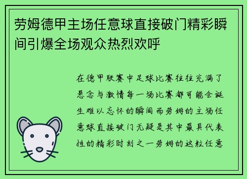 劳姆德甲主场任意球直接破门精彩瞬间引爆全场观众热烈欢呼