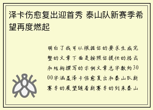 泽卡伤愈复出迎首秀 泰山队新赛季希望再度燃起 泽卡伤愈复出迎首秀 泰山队新赛季希望再度燃起